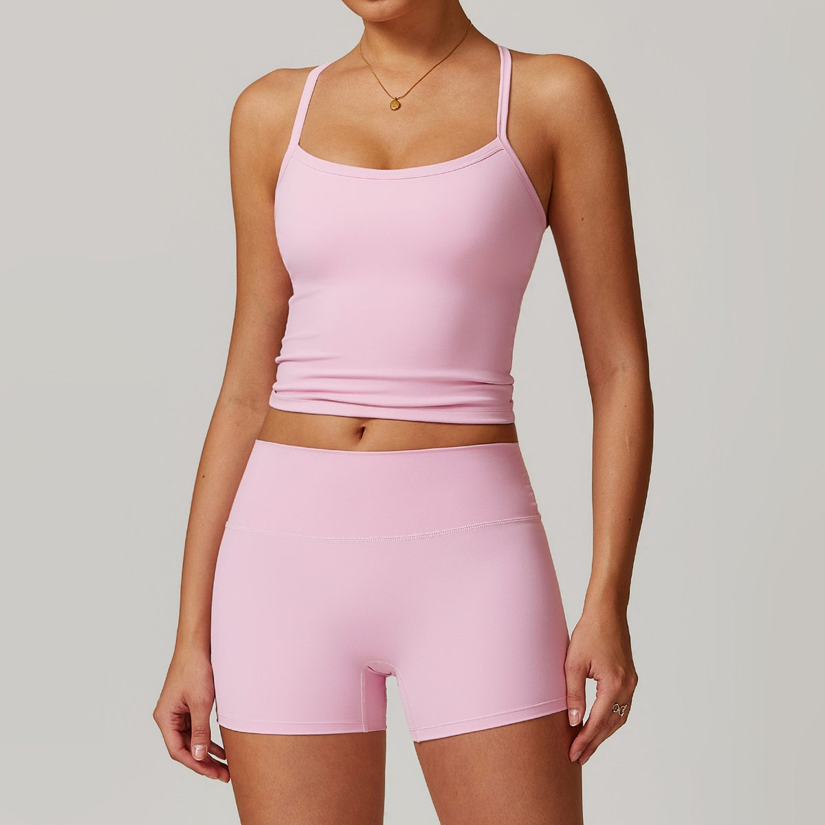 Brushed Fitted Top and High Waist Workout Set - Tank + Shorts Blossom Pink