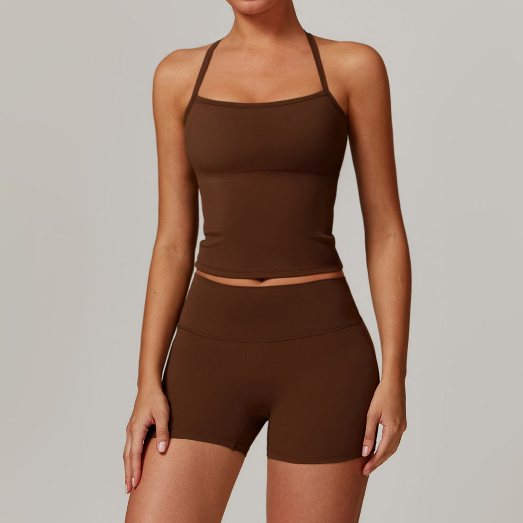 Brushed Fitted Top and High Waist Workout Set - Tank + Shorts Chocolate
