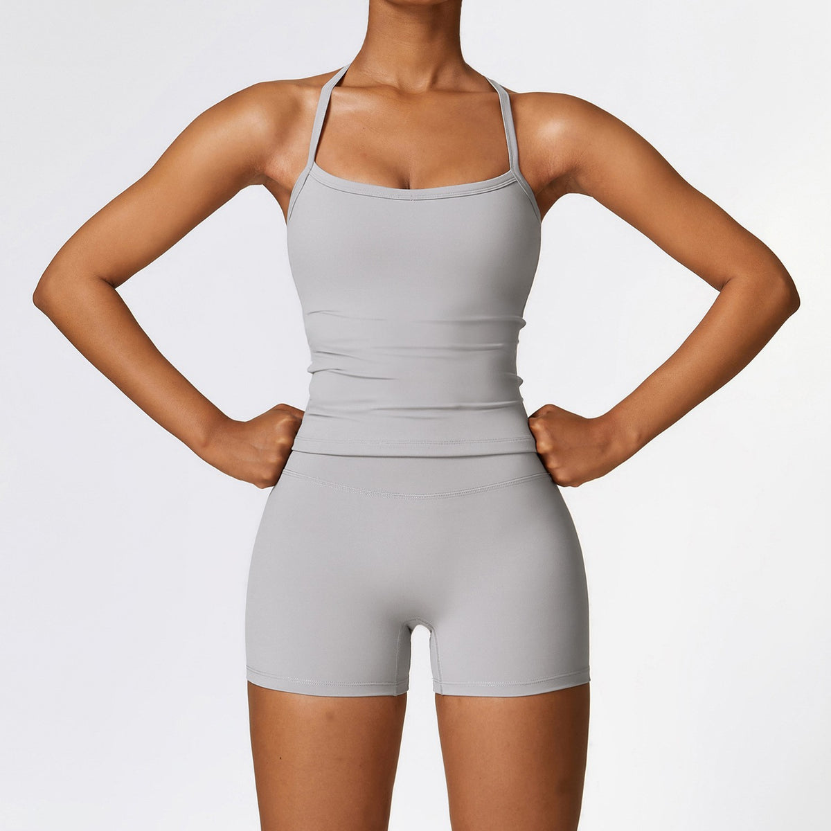 Brushed Fitted Top and High Waist Workout Set - Tank + Shorts Frost Gray