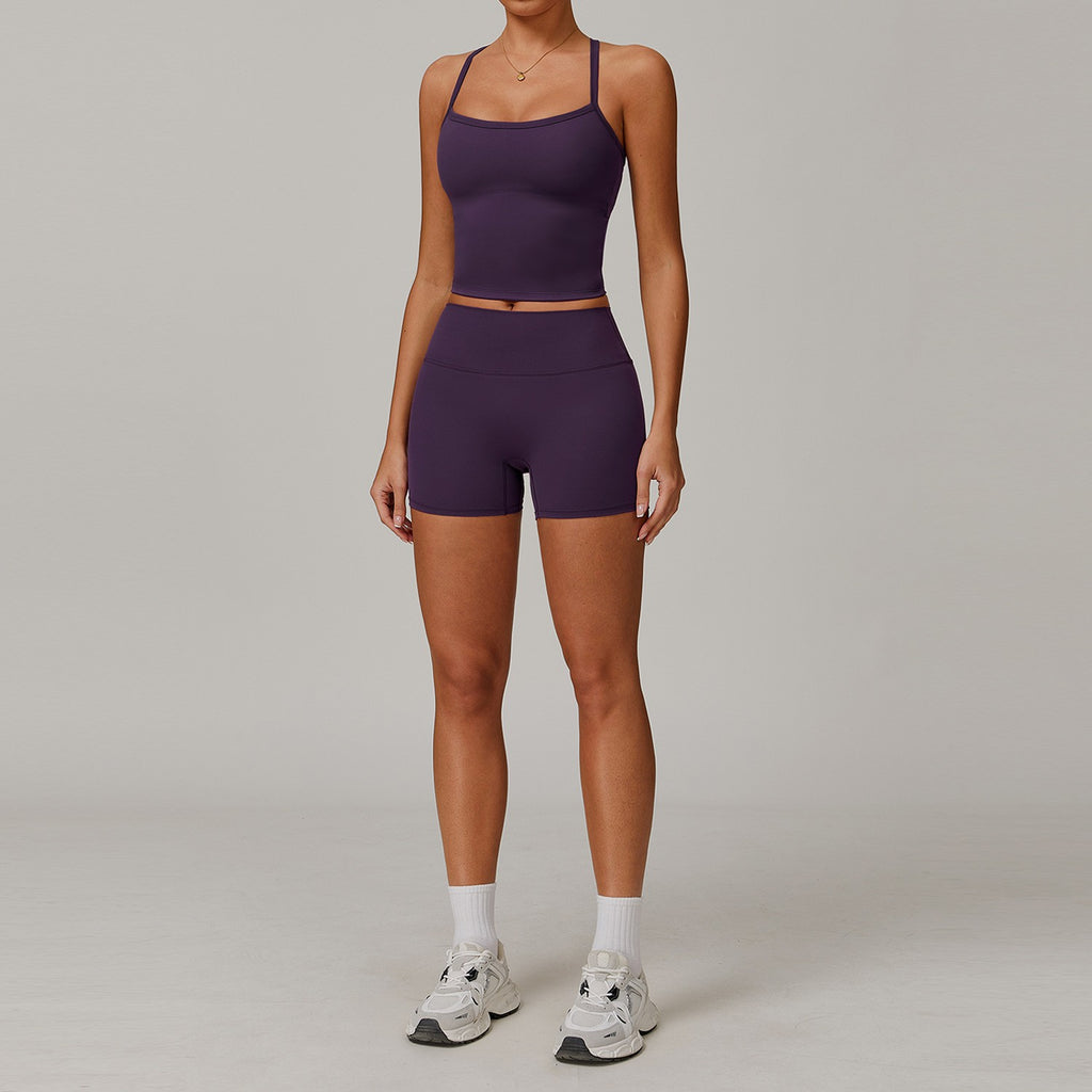 Brushed Fitted Top and High Waist Workout Set - Tank + Shorts Plum