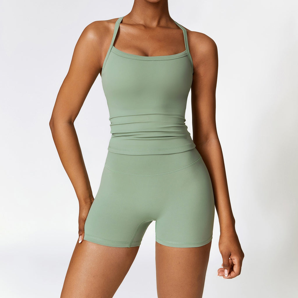 Brushed Fitted Top and High Waist Workout Set - Tank + Shorts Sage