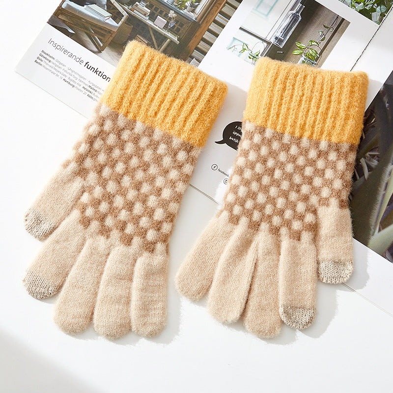 Checkerboard Knit Touchscreen Winter Gloves - Beige