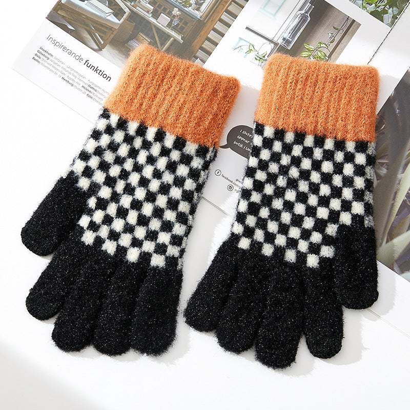 Checkerboard Knit Touchscreen Winter Gloves - Black