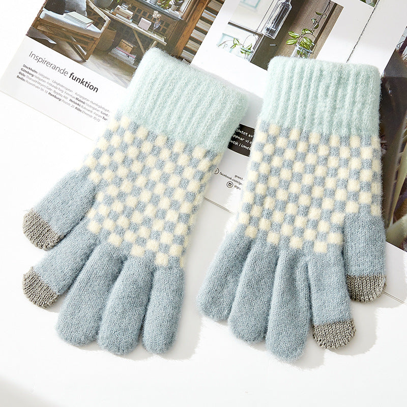 Checkerboard Knit Touchscreen Winter Gloves - Blue