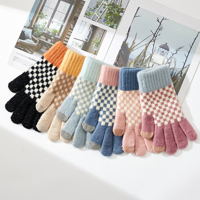 Checkerboard Knit Touchscreen Winter Gloves - DarkBlue