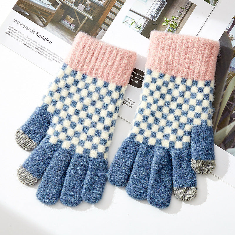 Checkerboard Knit Touchscreen Winter Gloves - DarkBlue - 1
