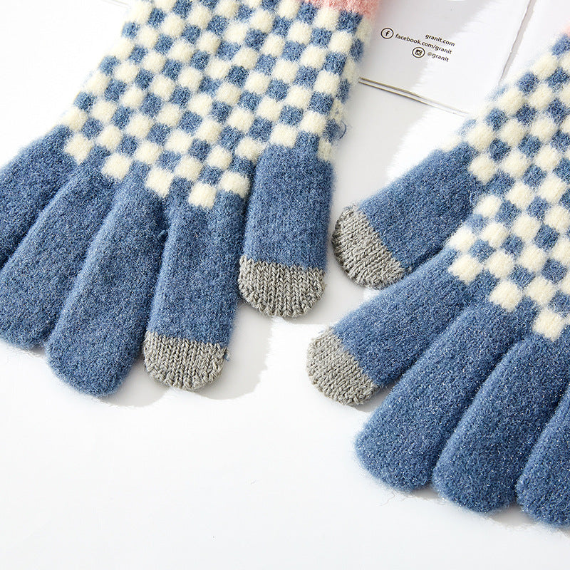 Checkerboard Knit Touchscreen Winter Gloves - DarkBlue - 2