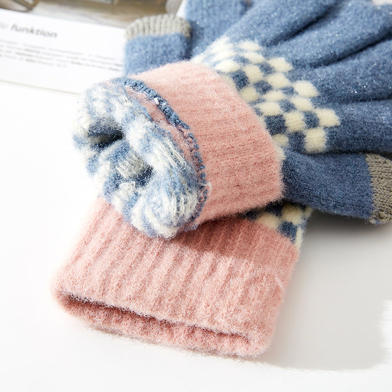 Checkerboard Knit Touchscreen Winter Gloves - DarkBlue - 3