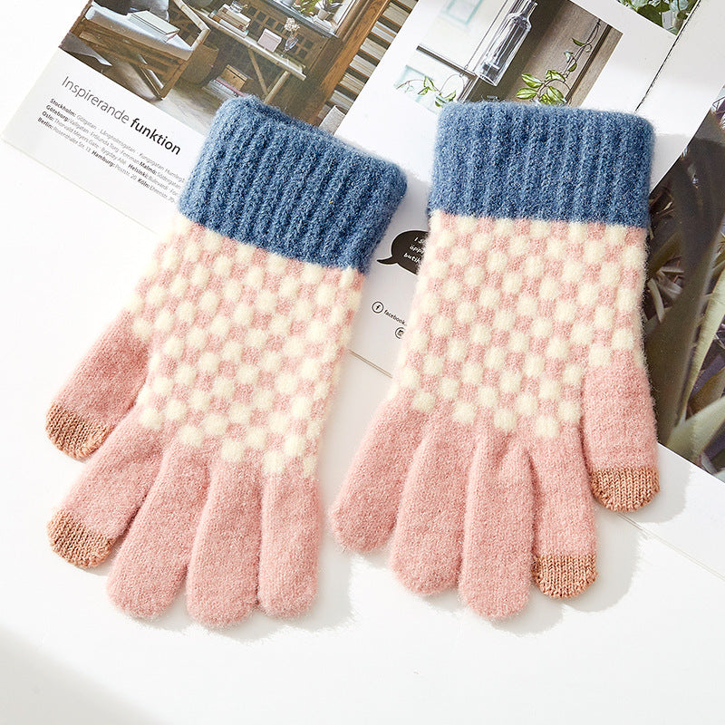 Checkerboard Knit Touchscreen Winter Gloves - Pink