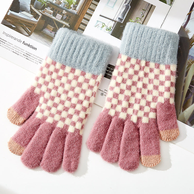 Checkerboard Knit Touchscreen Winter Gloves - Red