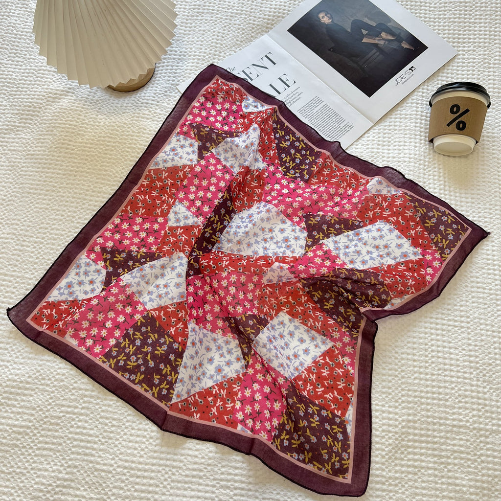 Vintage Floral Plaid Square Bandana Scarf - NO03