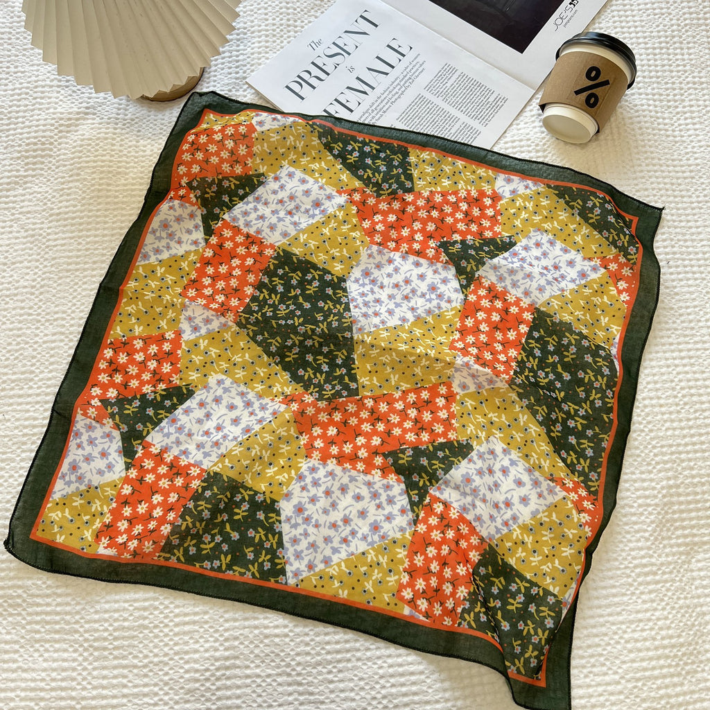 Vintage Floral Plaid Square Bandana Scarf - NO10