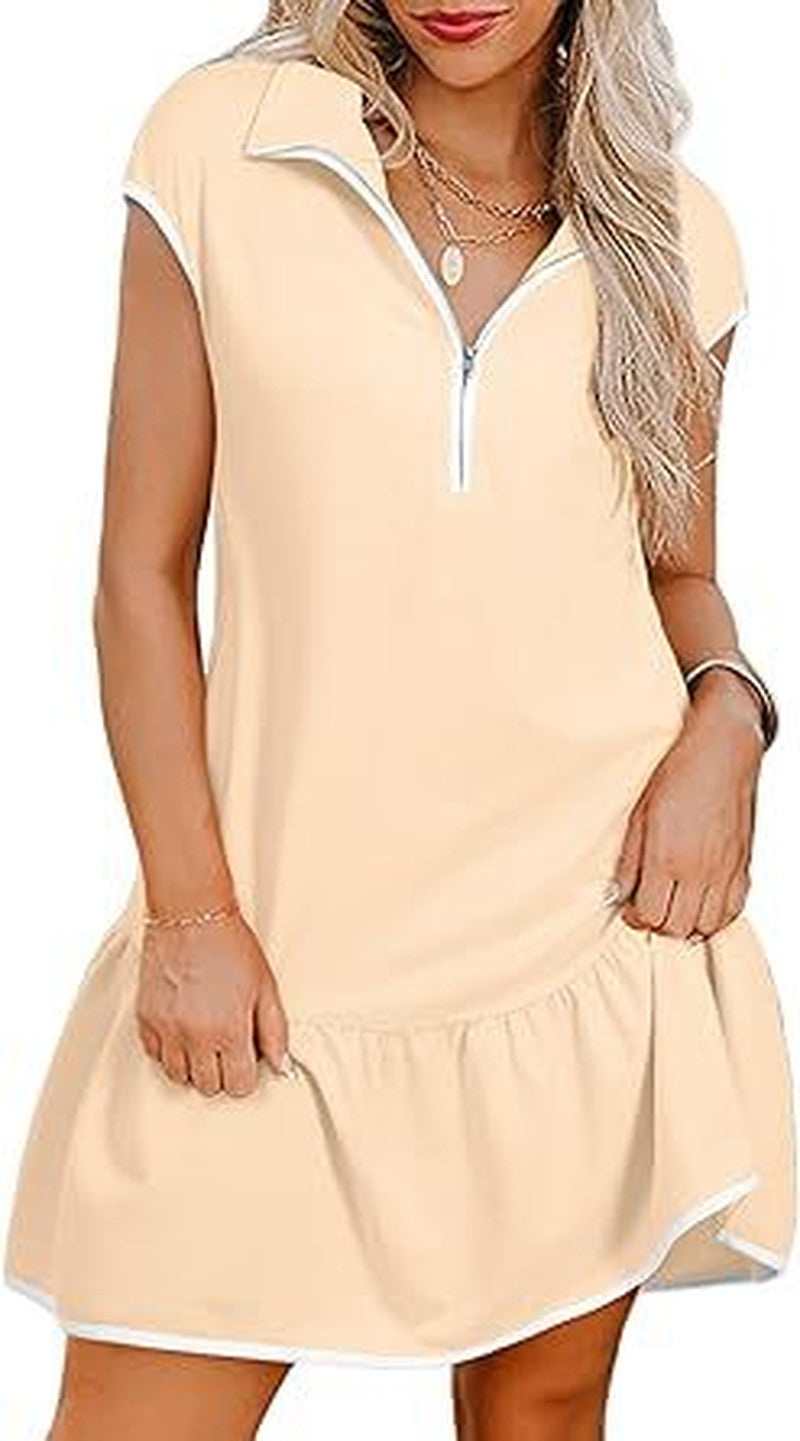 Half Zip Polo Collar Ruffle Hem Dress - Apricot