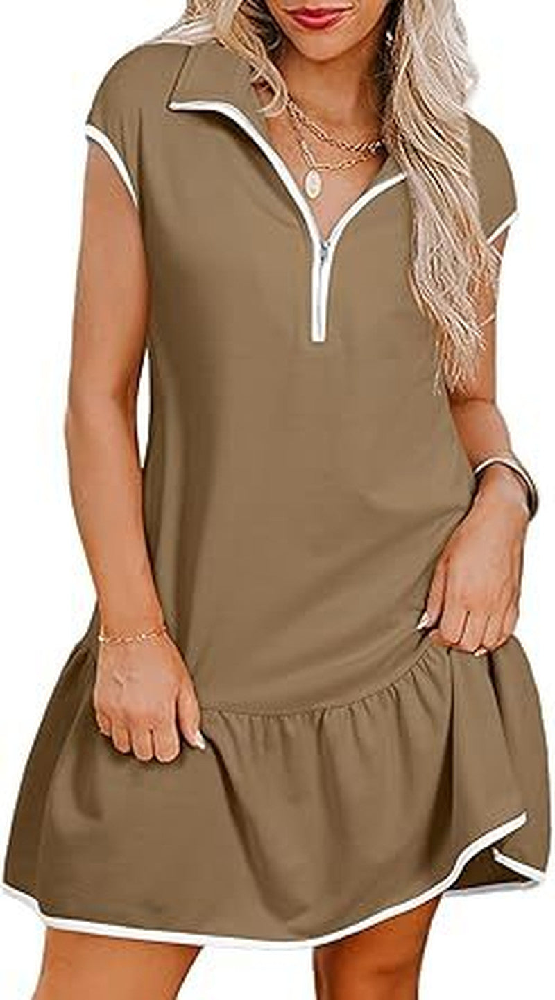 Half Zip Polo Collar Ruffle Hem Dress - Khaki