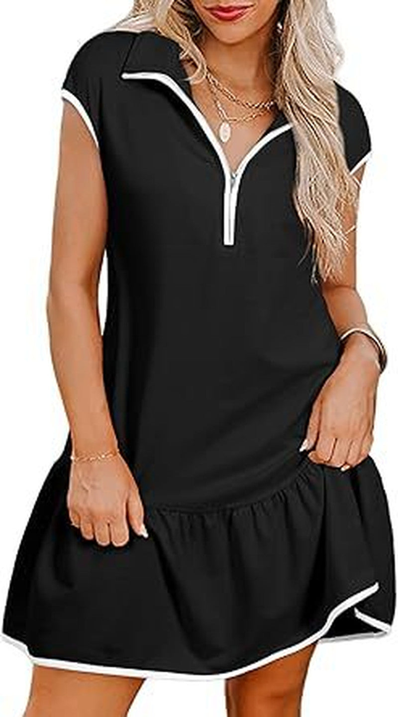 Half Zip Polo Collar Ruffle Hem Dress - black
