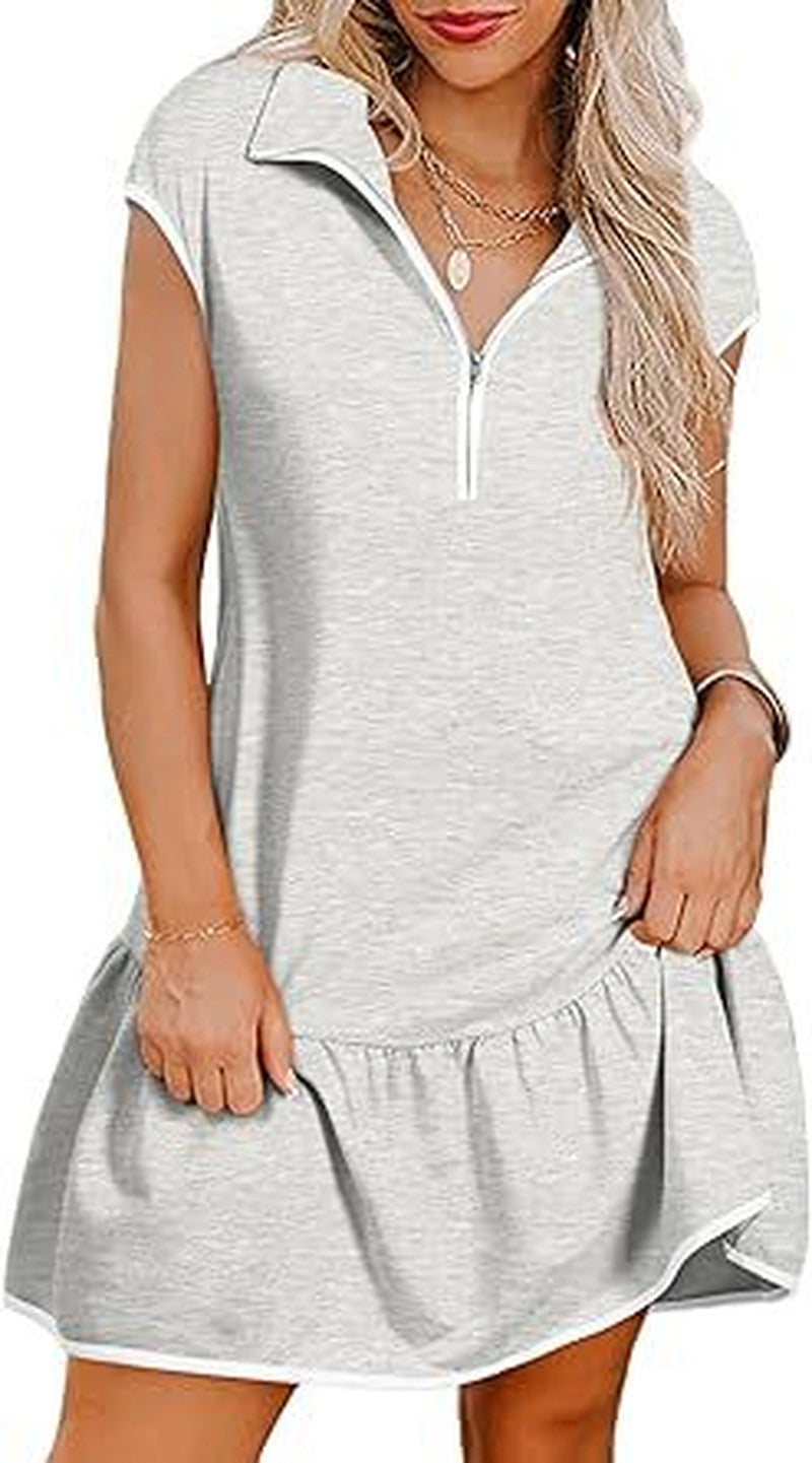 Half Zip Polo Collar Ruffle Hem Dress - gray
