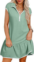 Half Zip Polo Collar Ruffle Hem Dress - green