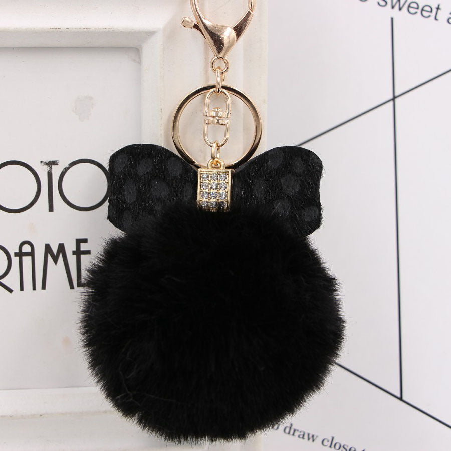 Rhinestone Bow Faux Fur Pom Keychain - Black