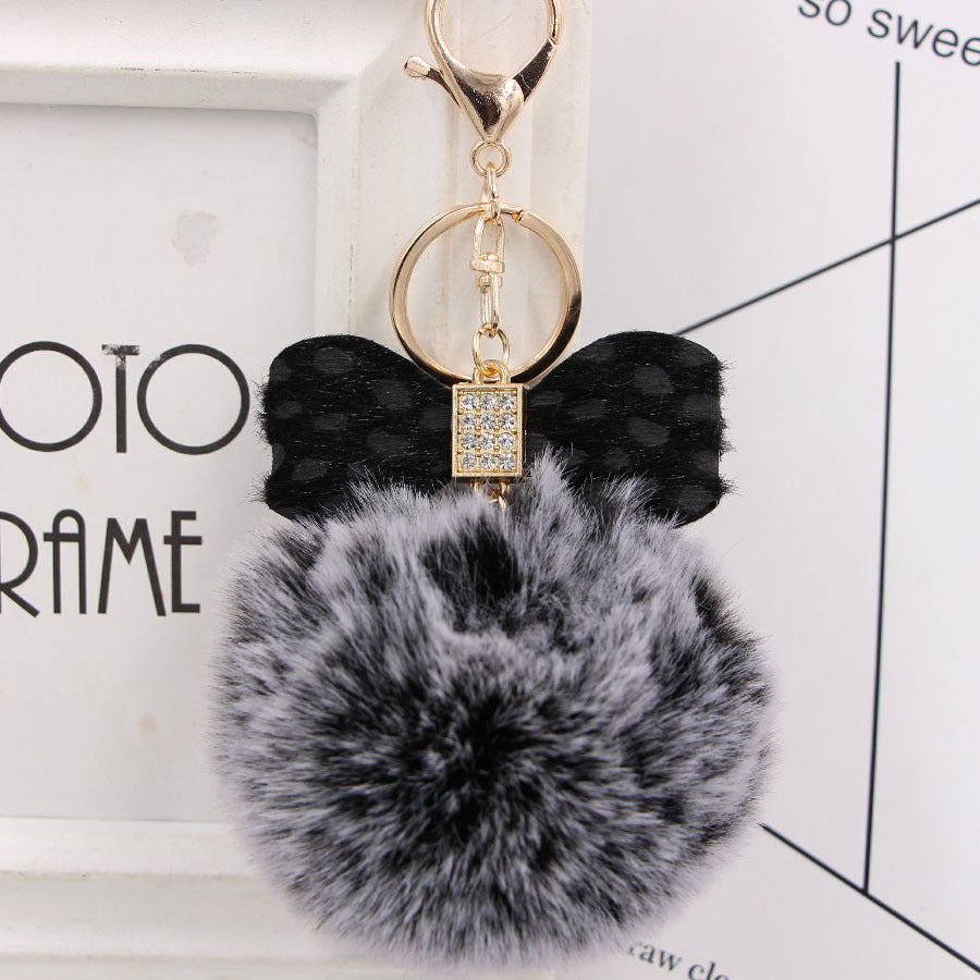 Rhinestone Bow Faux Fur Pom Keychain - BlackGray