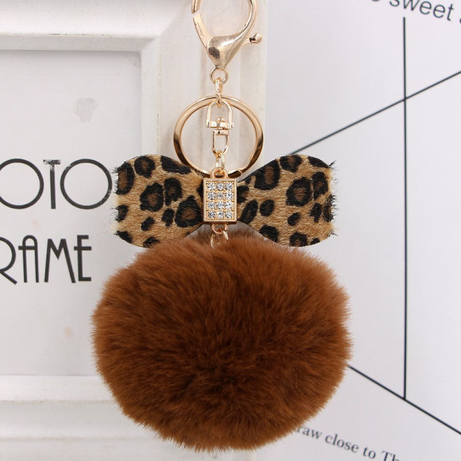Rhinestone Bow Faux Fur Pom Keychain - Brown