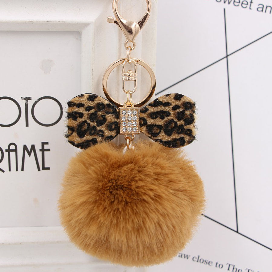 Rhinestone Bow Faux Fur Pom Keychain - Coffee