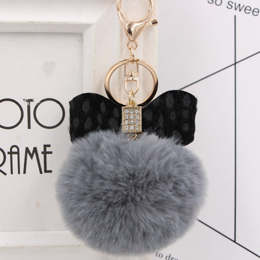 Rhinestone Bow Faux Fur Pom Keychain - DarkGray