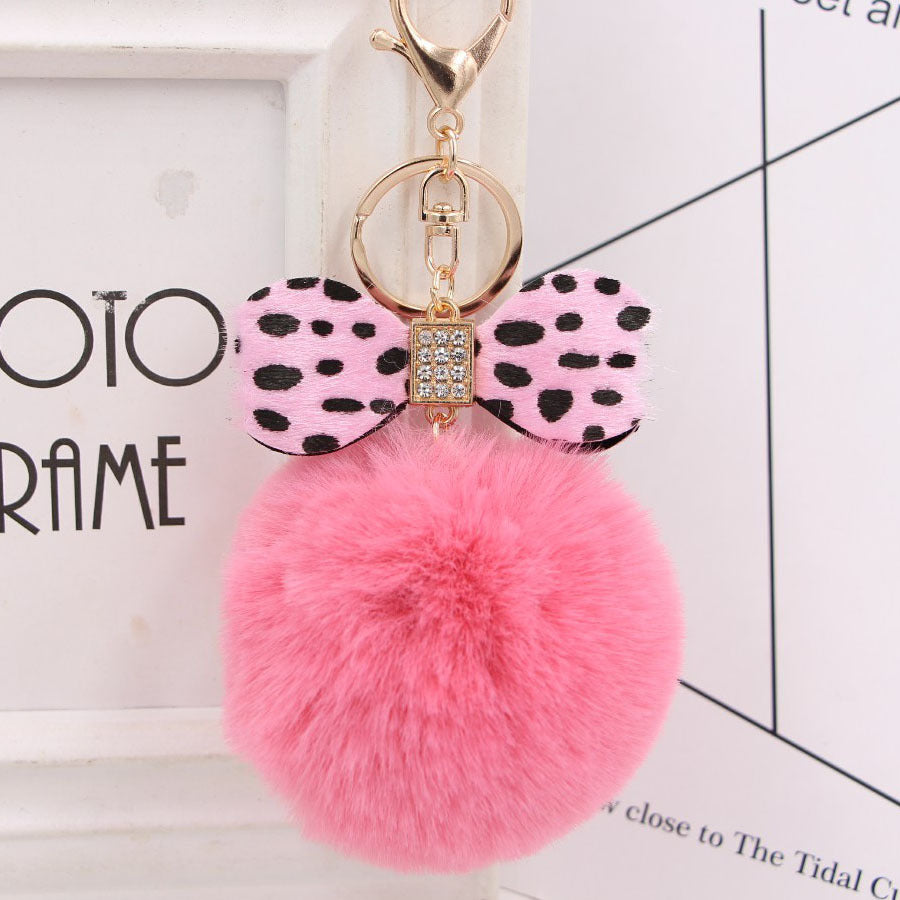 Rhinestone Bow Faux Fur Pom Keychain - DeepPink