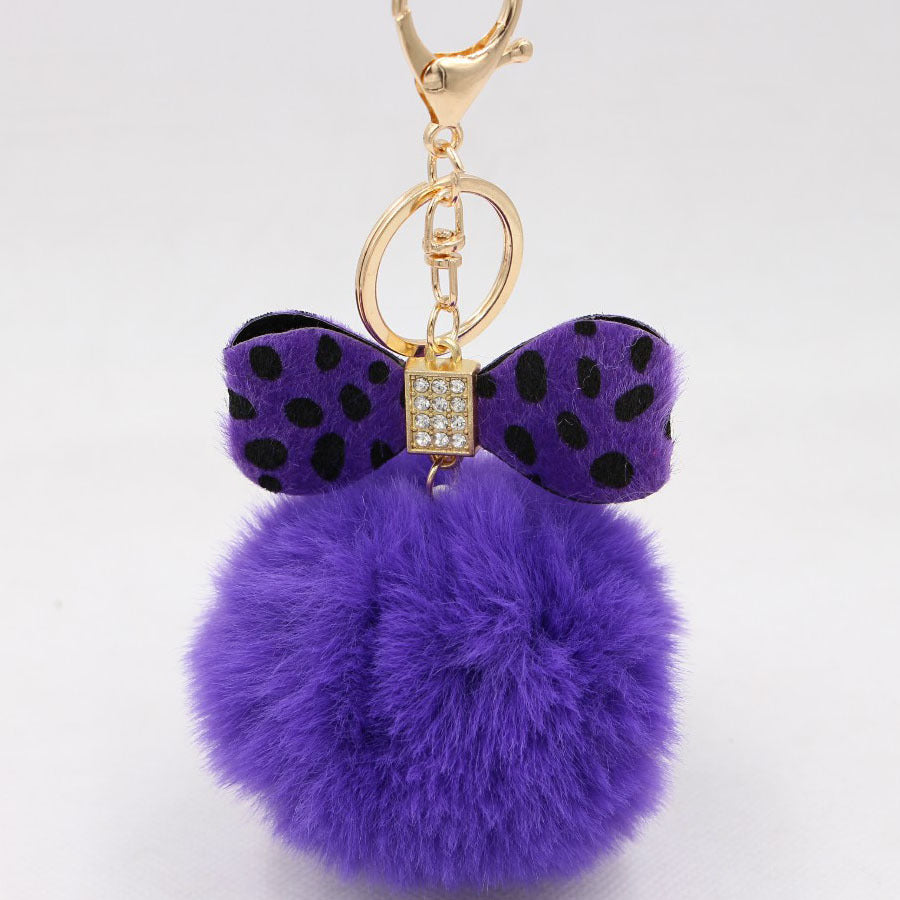 Rhinestone Bow Faux Fur Pom Keychain - DeepPurple
