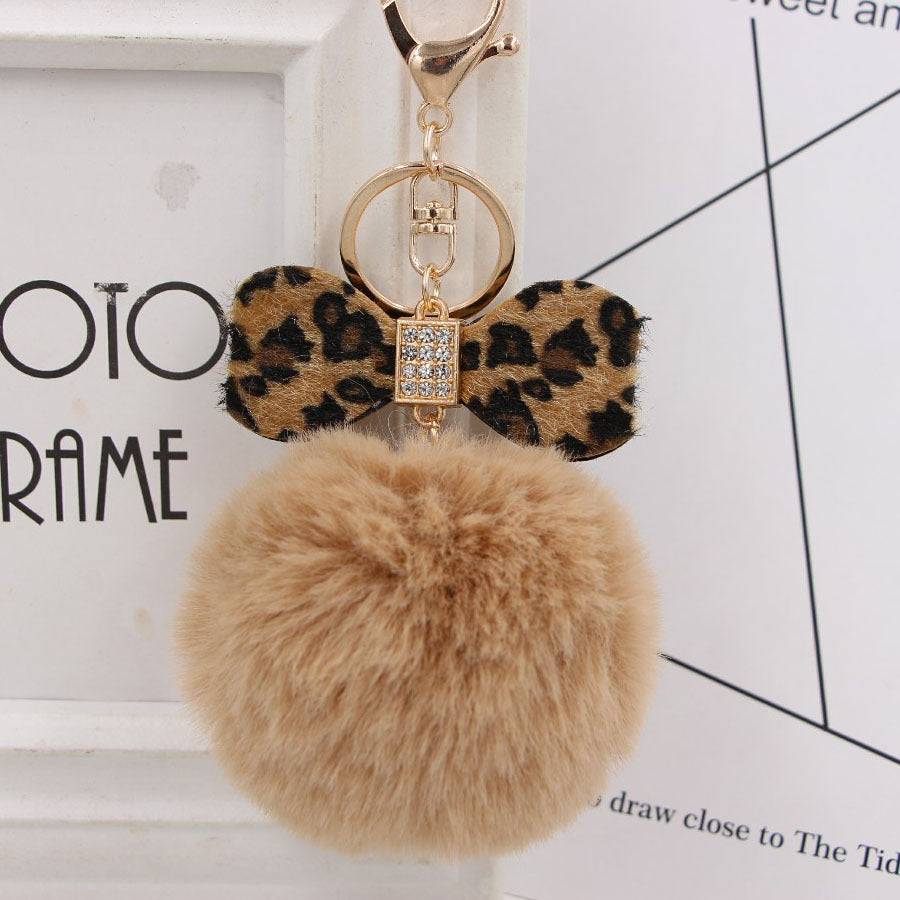Rhinestone Bow Faux Fur Pom Keychain - Khaki