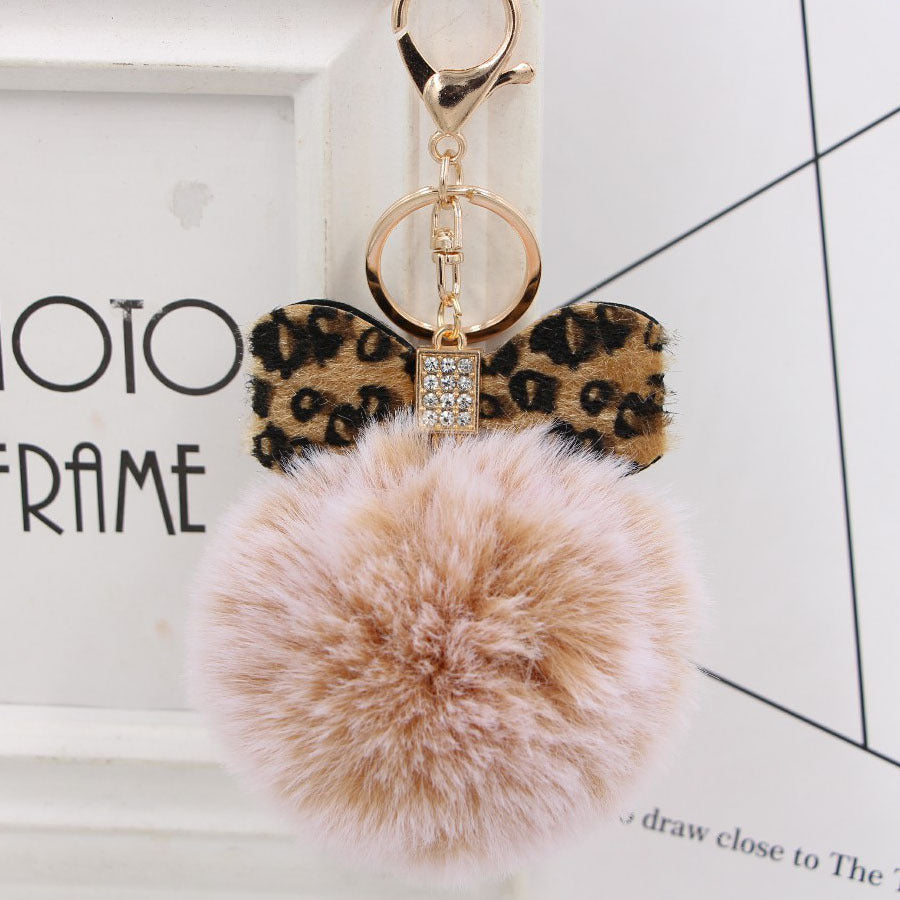 Rhinestone Bow Faux Fur Pom Keychain - Khaki01