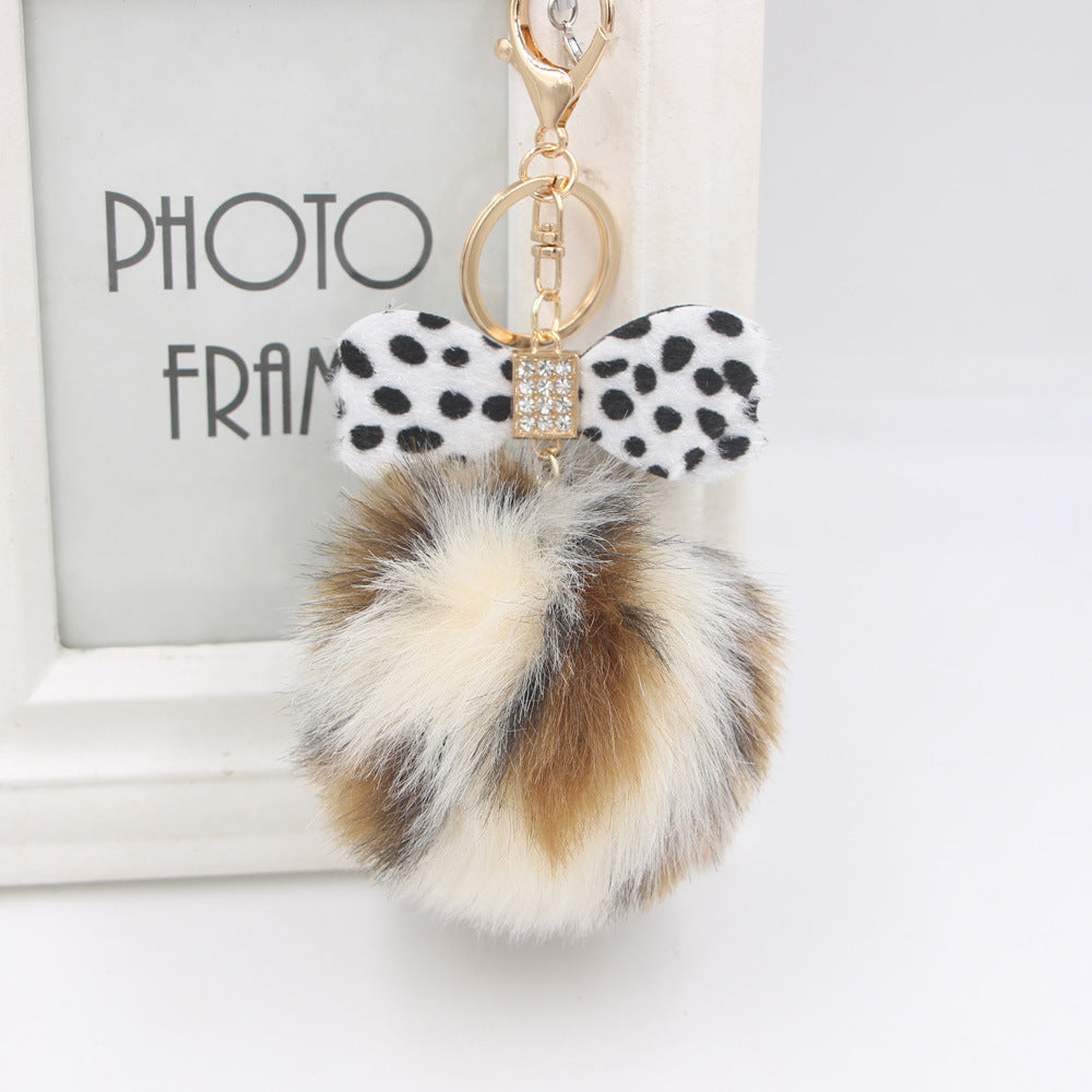 Rhinestone Bow Faux Fur Pom Keychain - Leopard_Beige