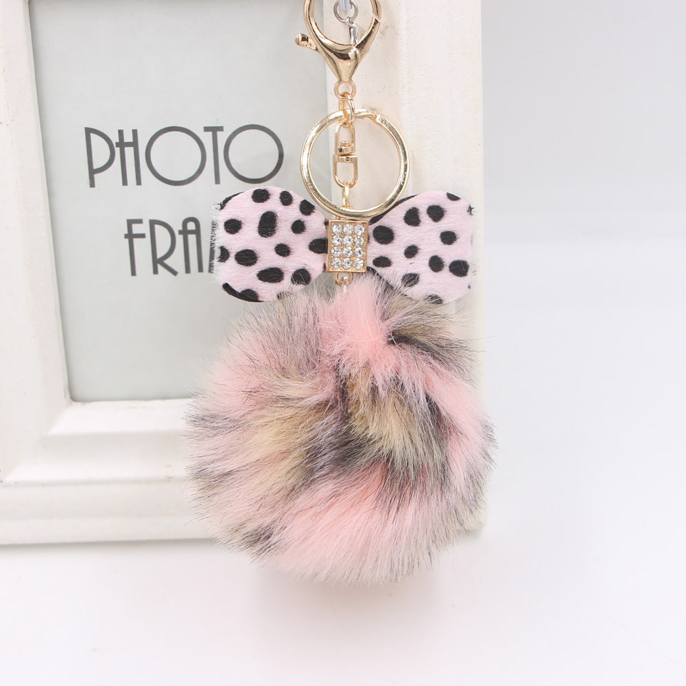 Rhinestone Bow Faux Fur Pom Keychain - Leopard_Pink