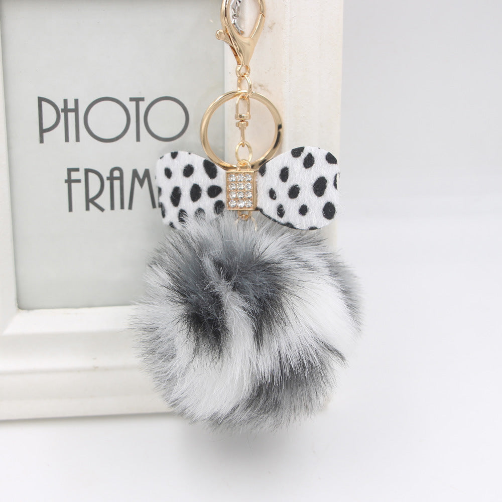Rhinestone Bow Faux Fur Pom Keychain - Leopard_White
