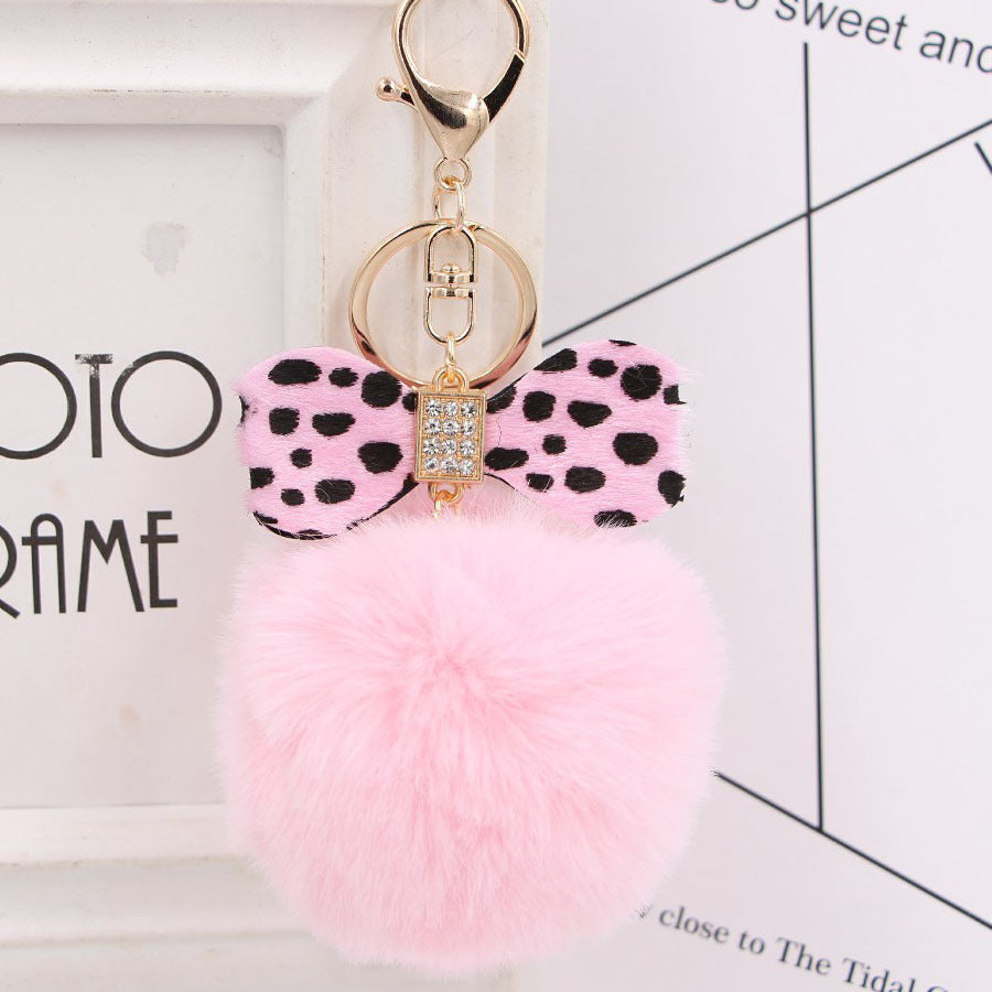 Rhinestone Bow Faux Fur Pom Keychain - LightPink