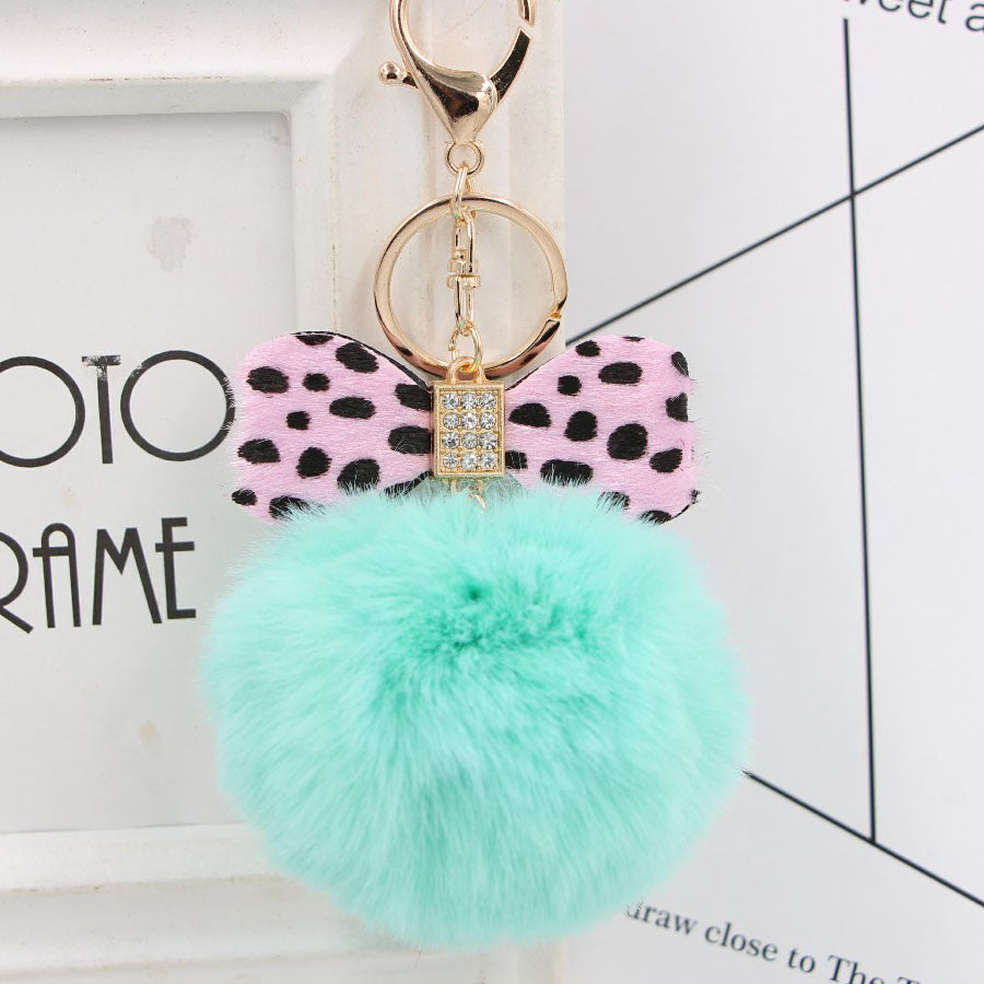 Rhinestone Bow Faux Fur Pom Keychain - MintGreen