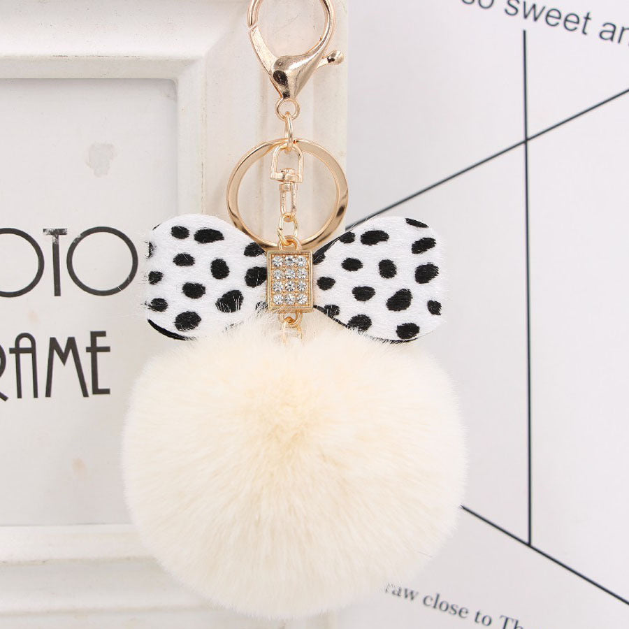 Rhinestone Bow Faux Fur Pom Keychain - OffWhite