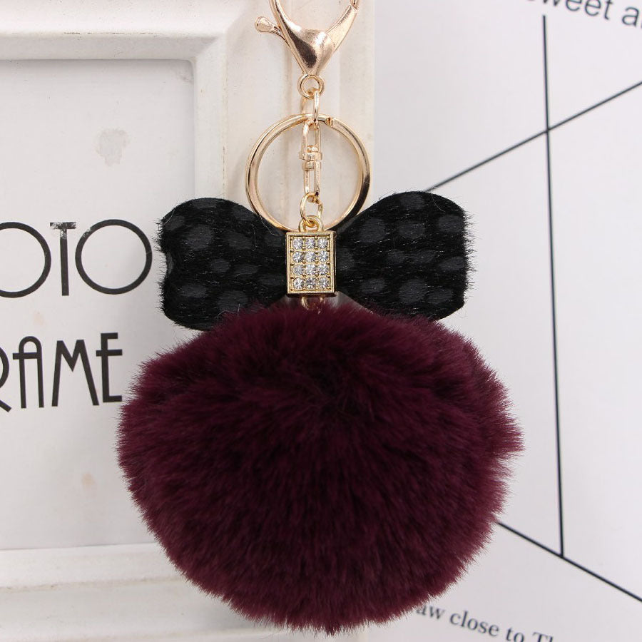 Rhinestone Bow Faux Fur Pom Keychain - PurpleRed