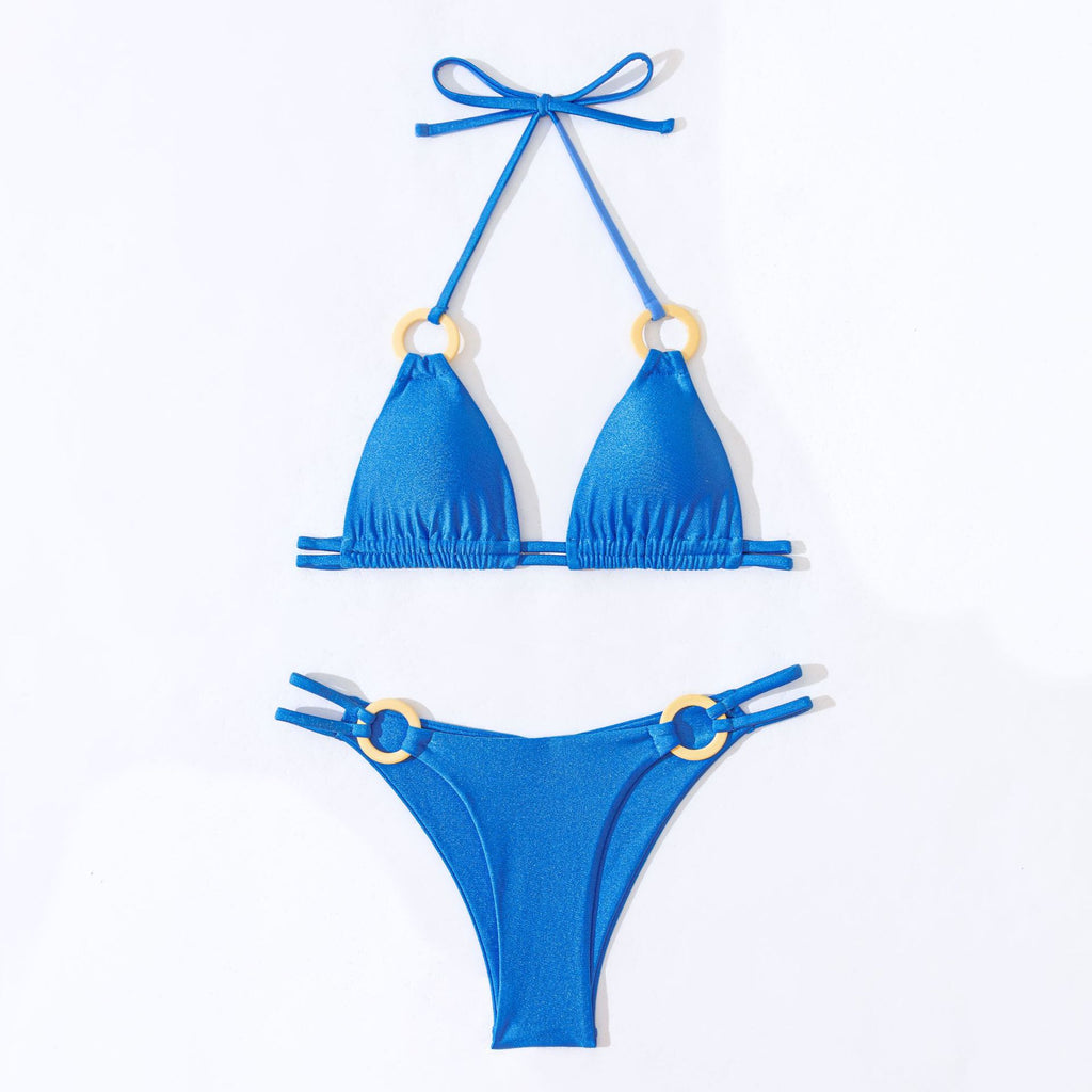 Ring Trim Triangle Halter Bikini Set - Blue - 8