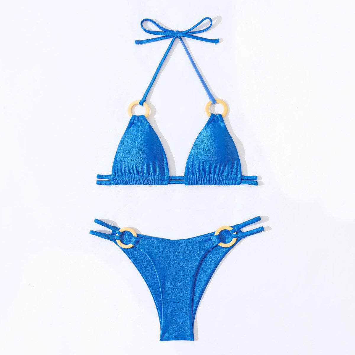 Ring Trim Triangle Halter Bikini Set - Blue - 8