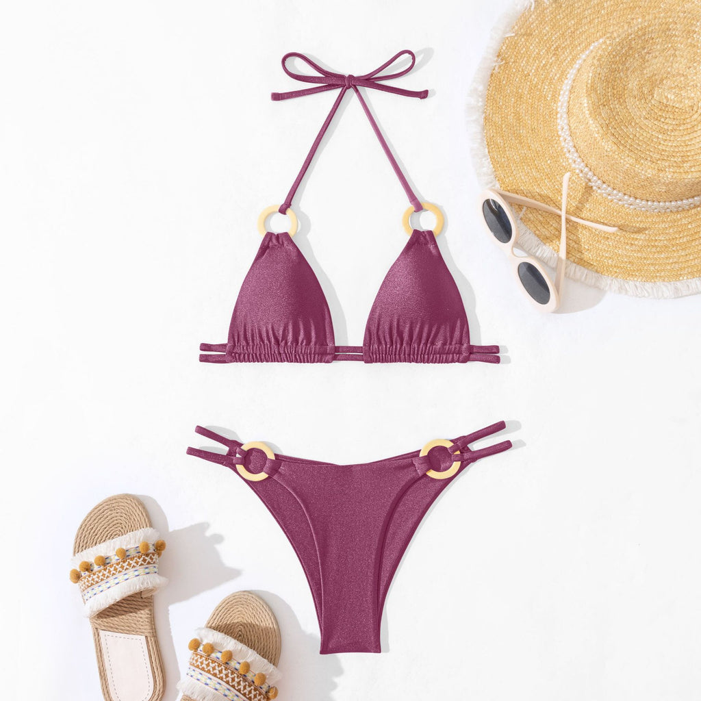 Ring Trim Triangle Halter Bikini Set - Purple - 3