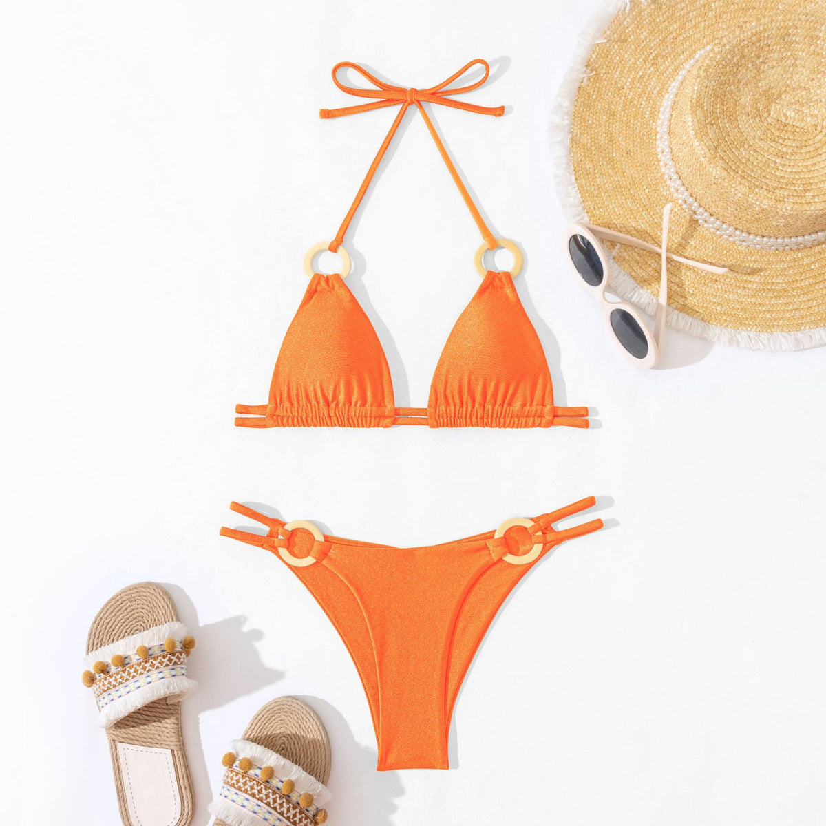 Ring Trim Triangle Halter Bikini Set - Yellow - 3