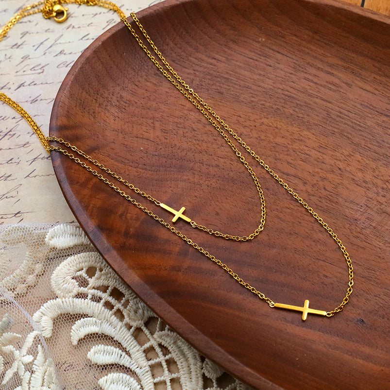 Layered Sideways Cross Pendant Necklace - Gold