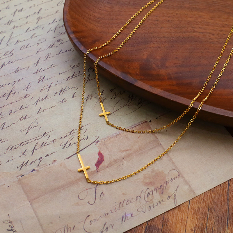 Layered Sideways Cross Pendant Necklace - view 1