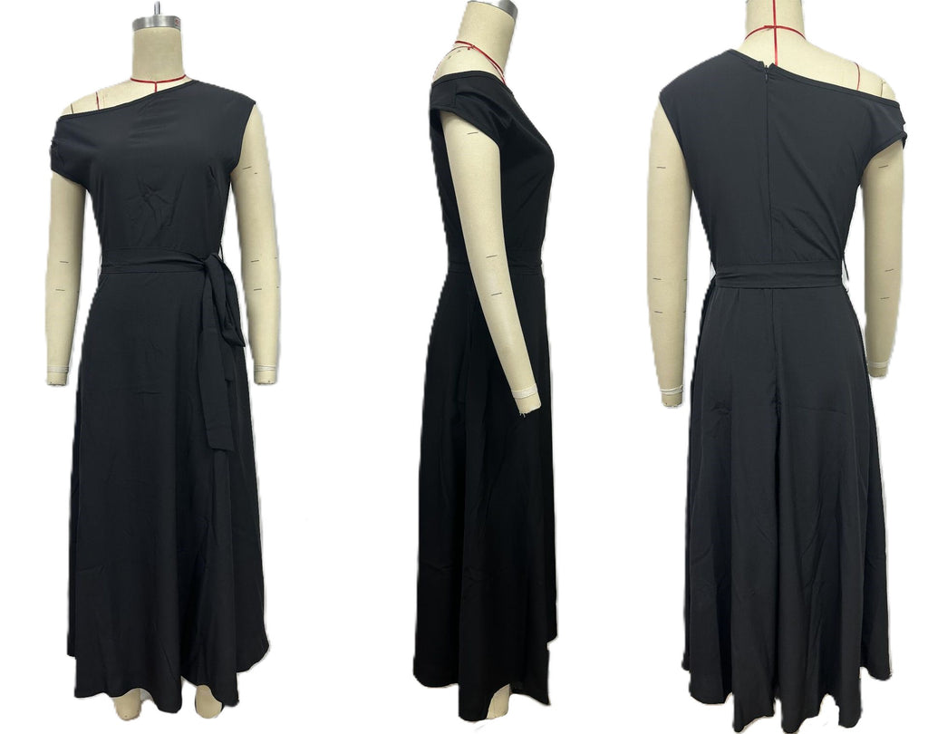 Asymmetric One Shoulder Tie Waist Maxi Dress - Black - 1