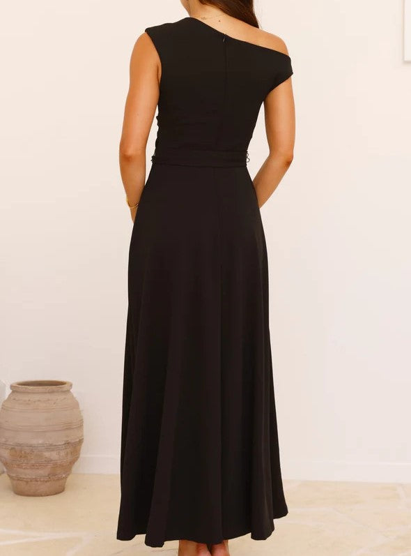 Asymmetric One Shoulder Tie Waist Maxi Dress - Black - 2