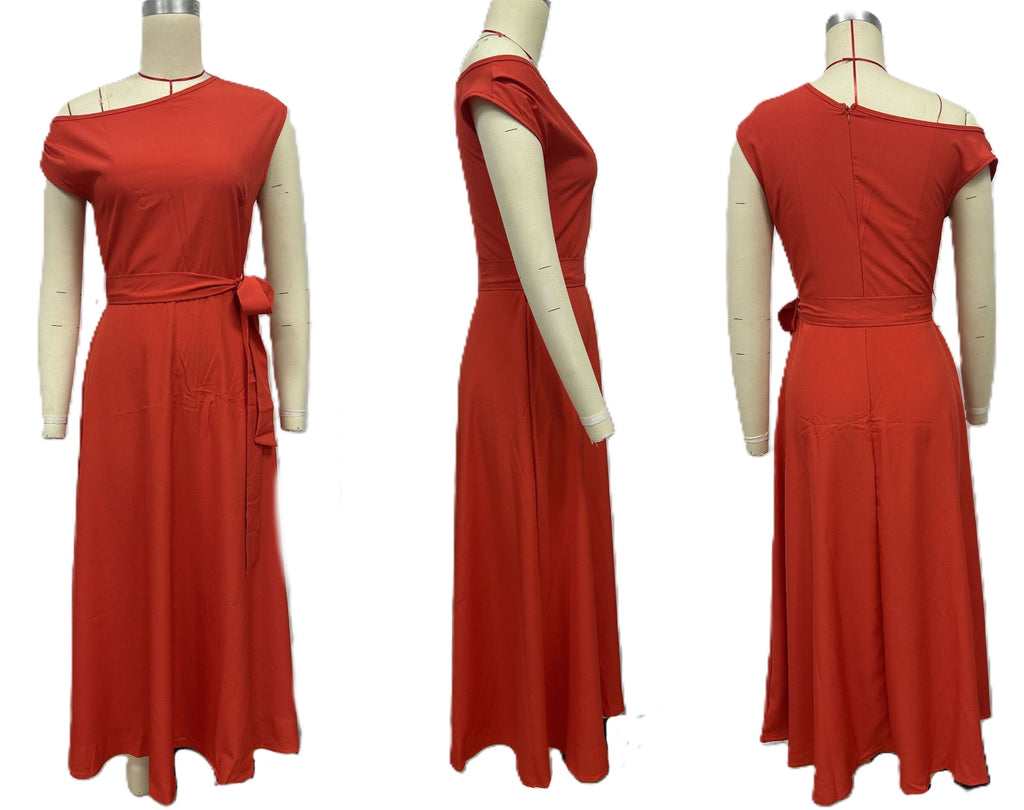 Asymmetric One Shoulder Tie Waist Maxi Dress - Red