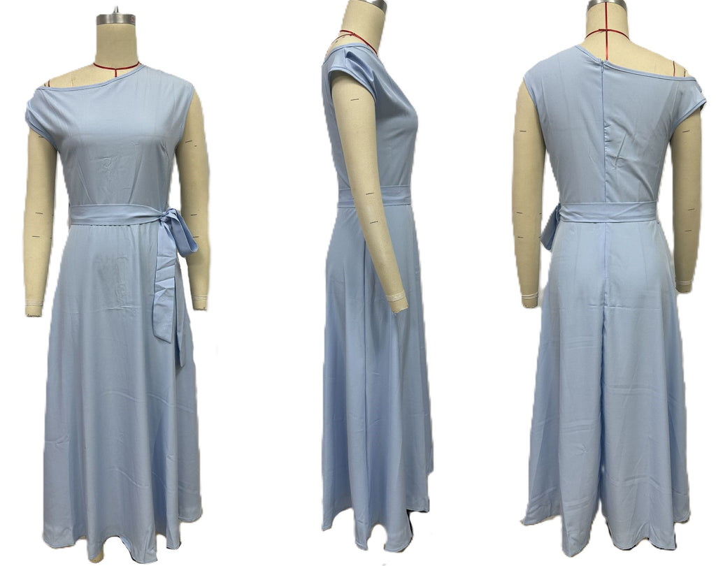 Asymmetric One Shoulder Tie Waist Maxi Dress - Skyblue