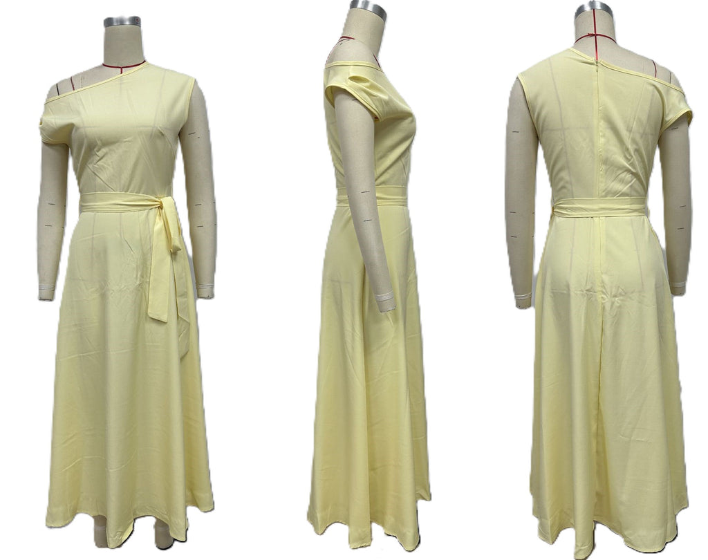 Asymmetric One Shoulder Tie Waist Maxi Dress - Yellow
