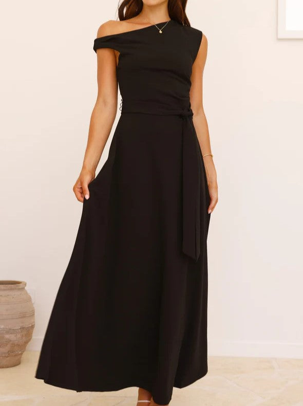 Asymmetric One Shoulder Tie Waist Maxi Dress