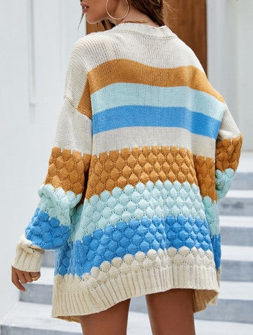 Bubble Knit Striped Longline Cardigan - Beige - 1